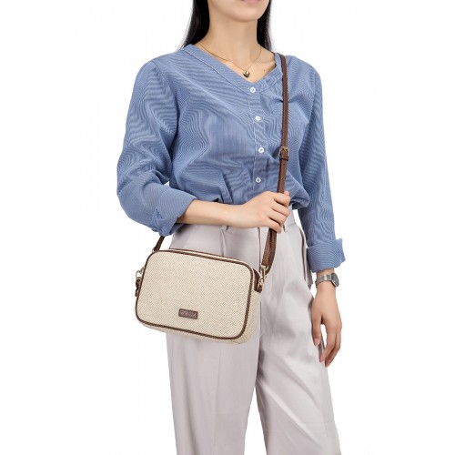 Cavendish Cotton Jute Leather Trim Zip Compartment Crossbody
